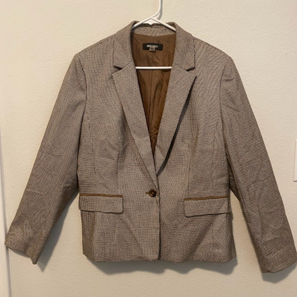 Nine West Tan Houndstooth Elbow Patch Blazer 14
